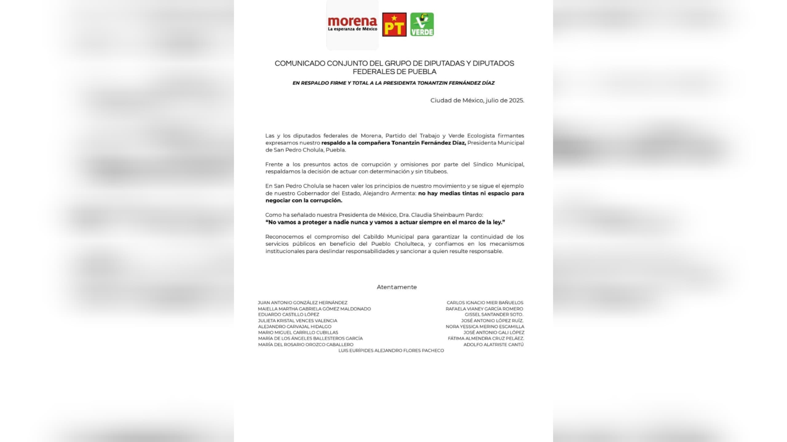 Respaldan diputados federales a presidenta municipal de San Pedro Cholula