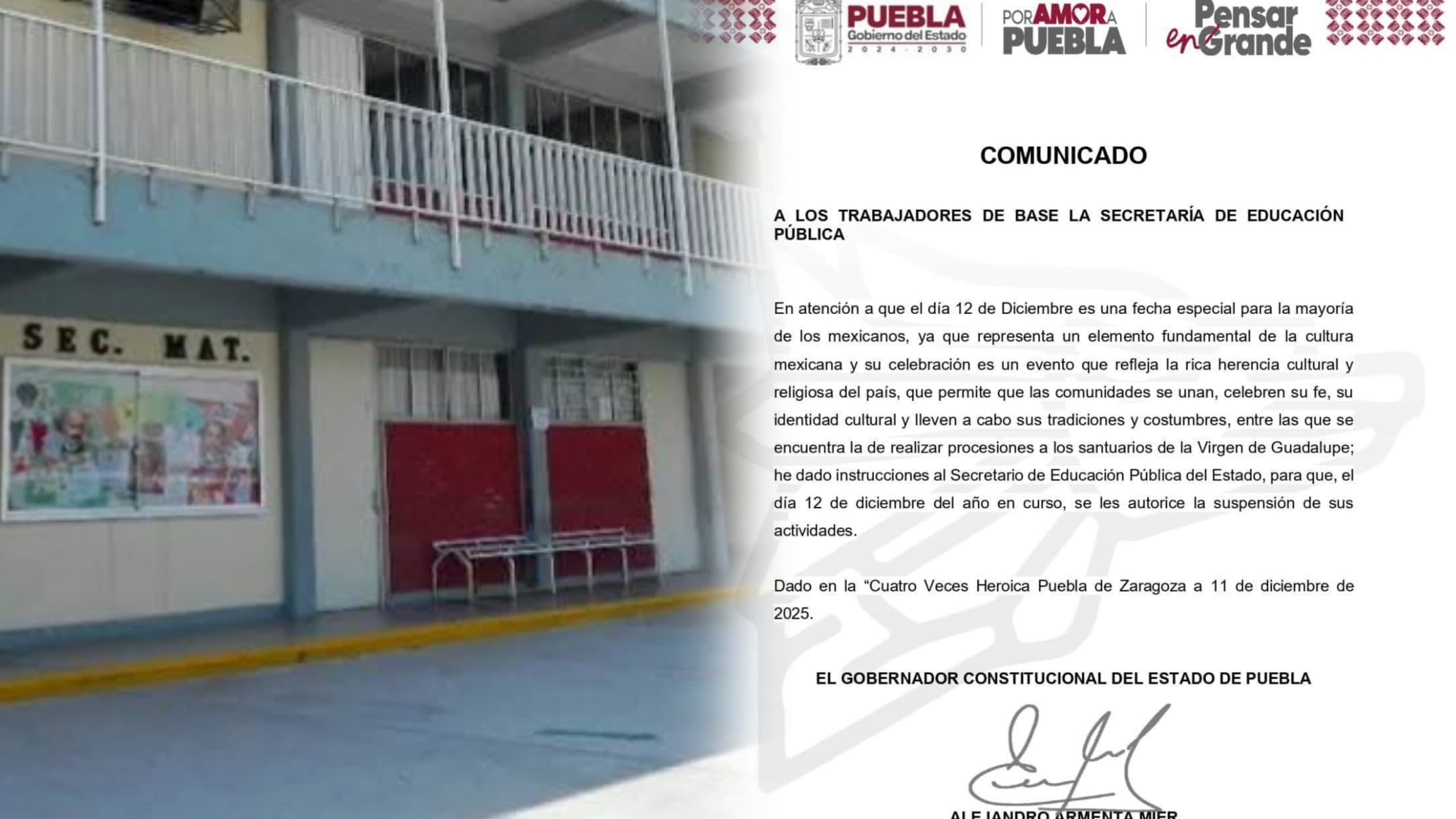 SEP Puebla suspende clases este 12 de diciembre